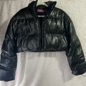 Crop faux leather puffer jacket